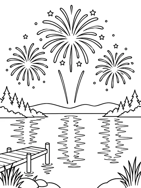 Fireworks over a lake coloring page