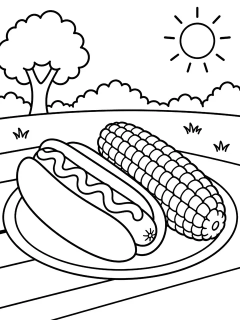 Hot dog and corn on the cob coloring page