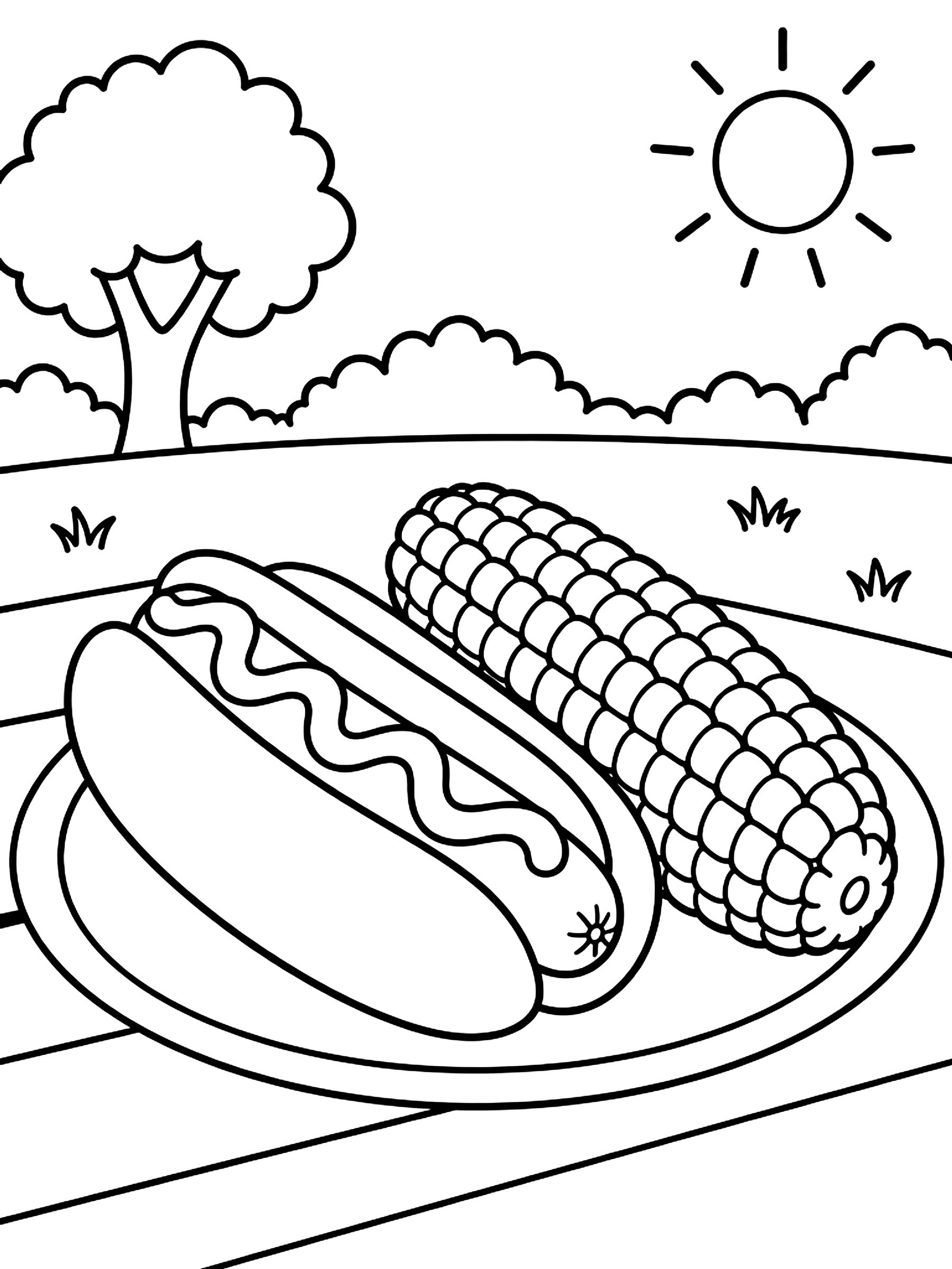 Hot dog and corn on the cob coloring page