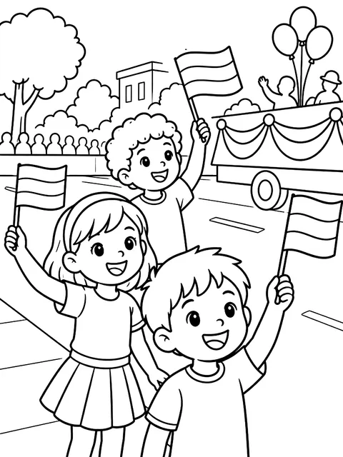 Kids waving flags at a parade coloring page