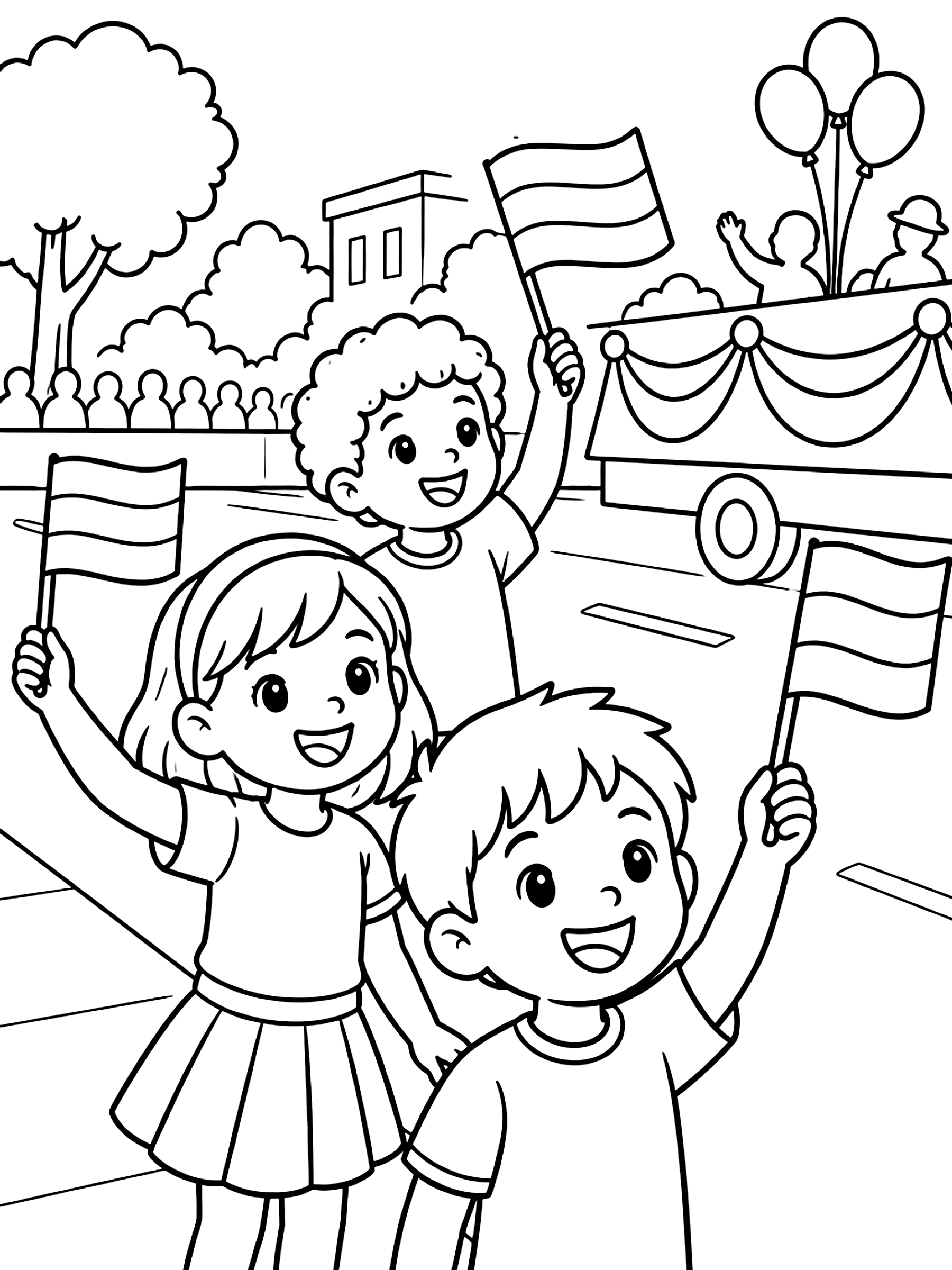 Kids waving flags at a parade coloring page