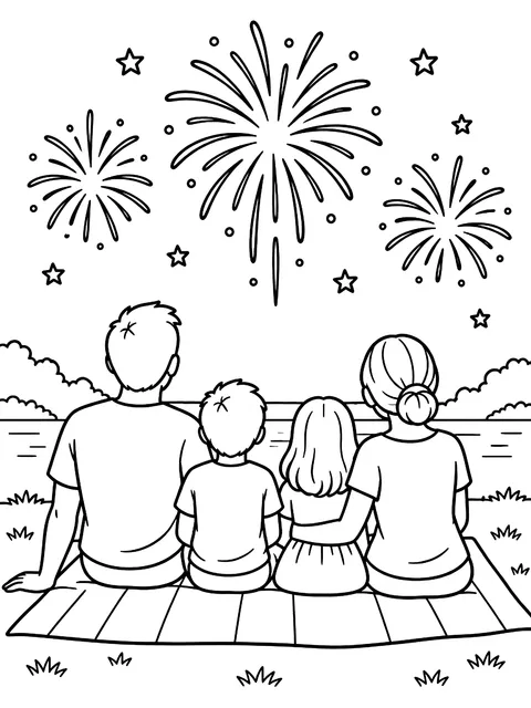 Family on a blanket watching fireworks coloring page