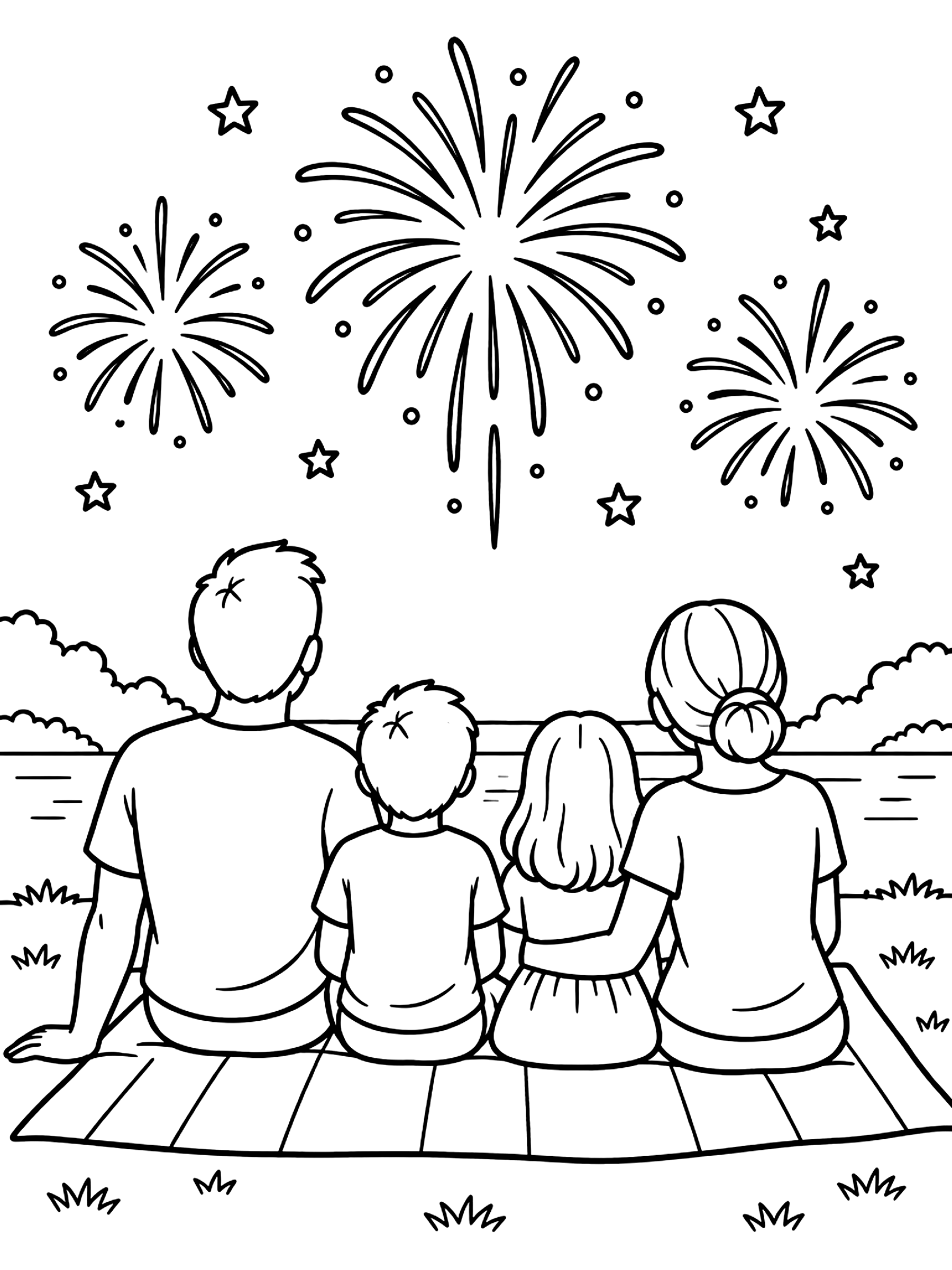 Family on a blanket watching fireworks coloring page