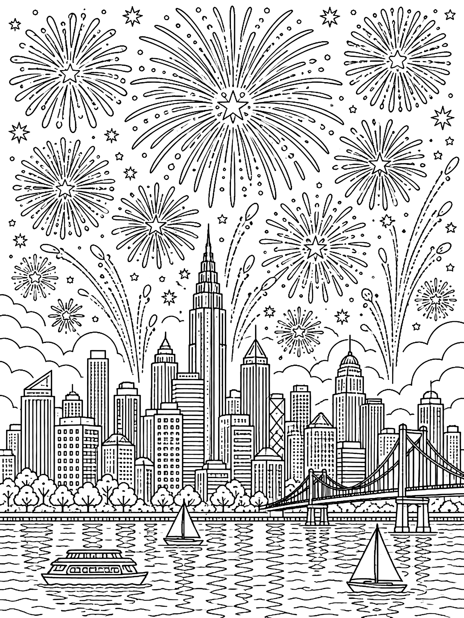 Detailed Detailed fireworks over a city coloring page