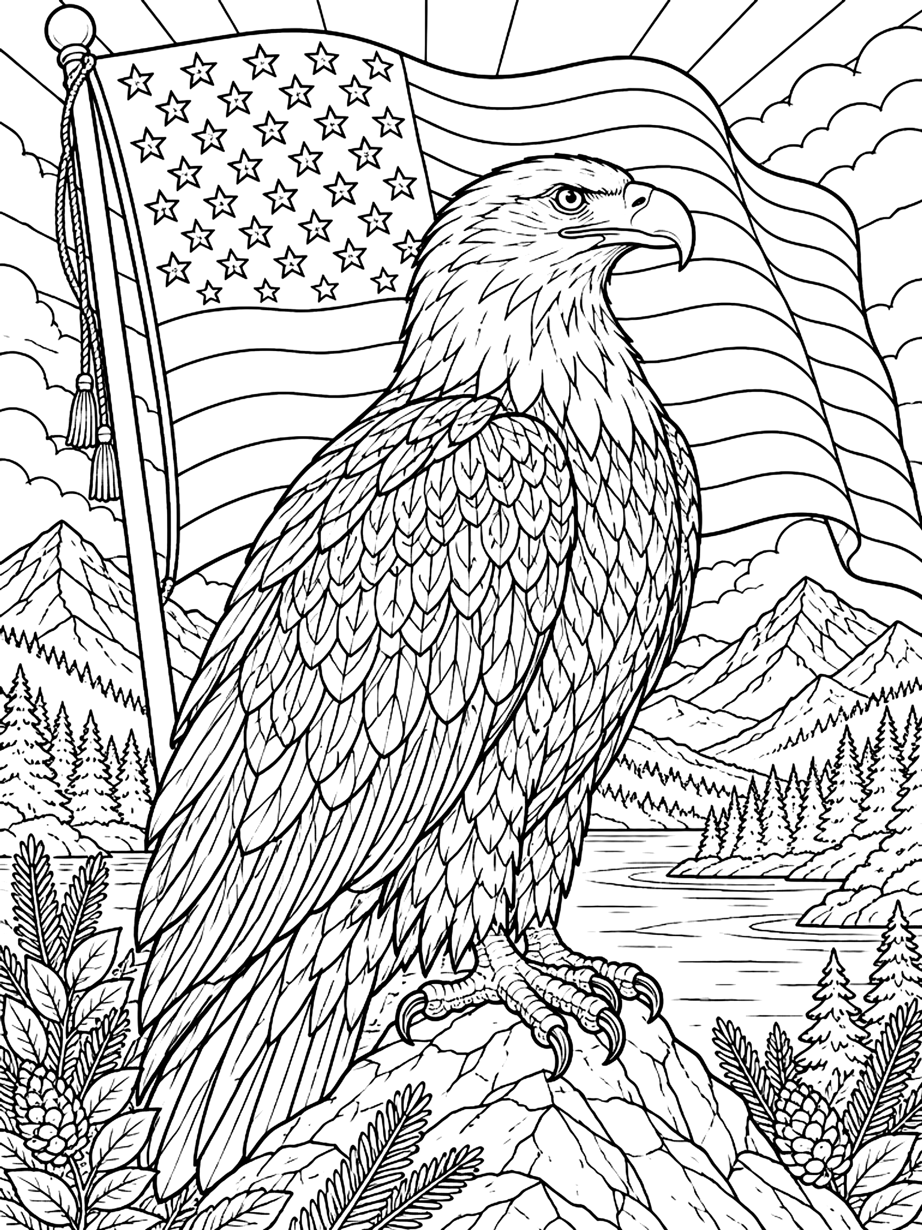 Detailed Bald eagle in front of the flag coloring page