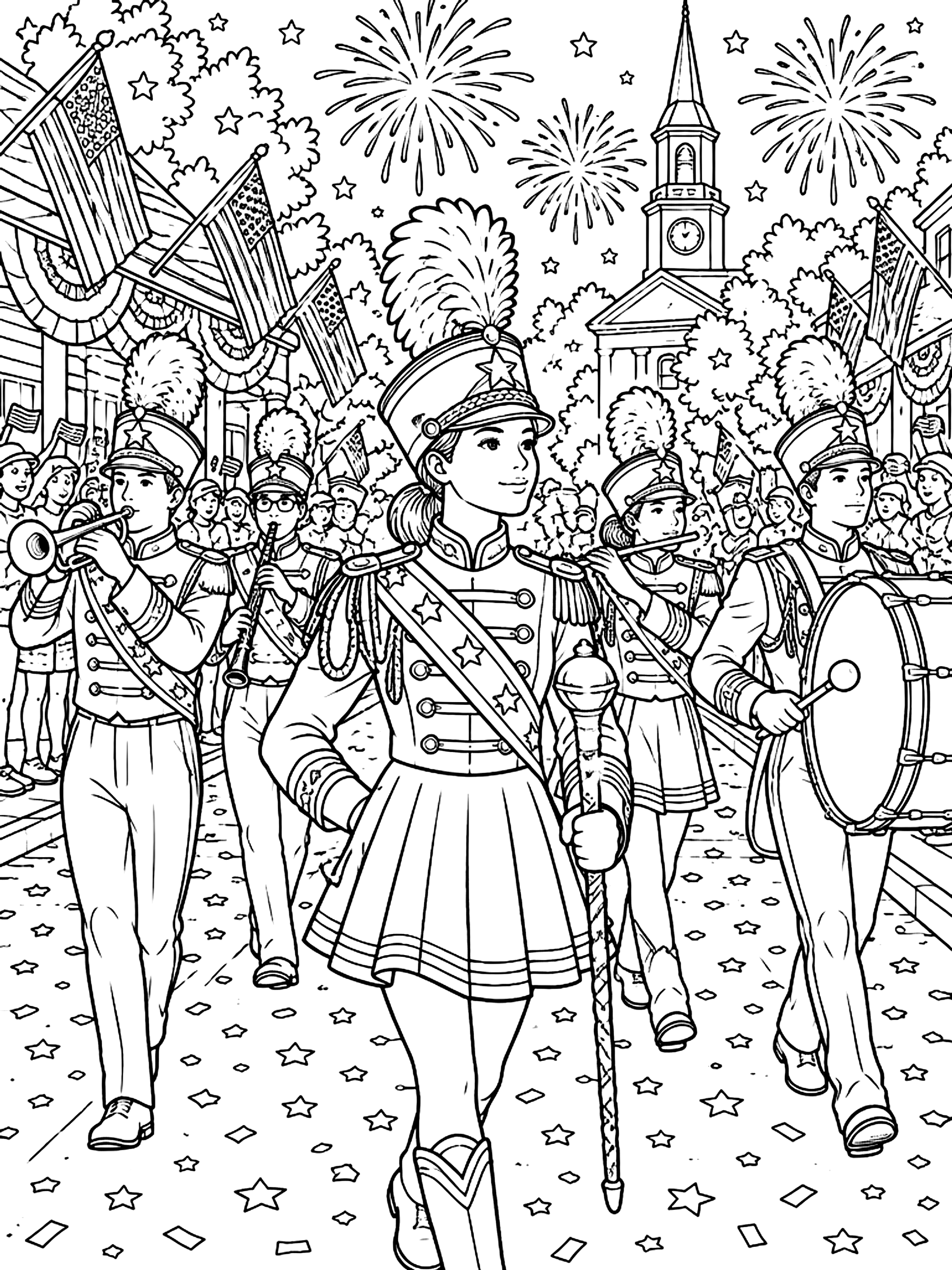 Detailed Marching band in a 4th of July parade coloring page
