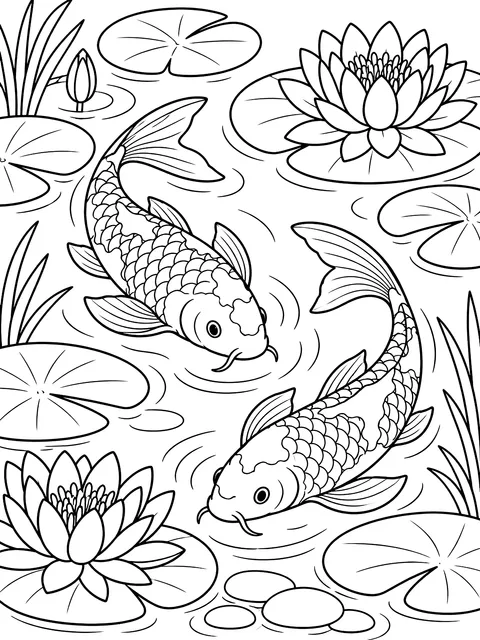 Koi fish in a lily pond coloring page