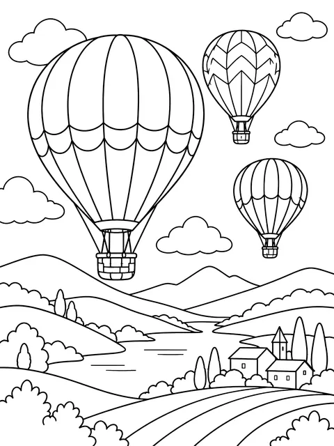 Hot air balloons over hills coloring page