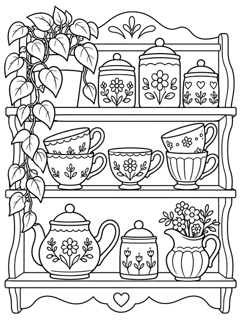 Shelf of teacups and jars coloring page