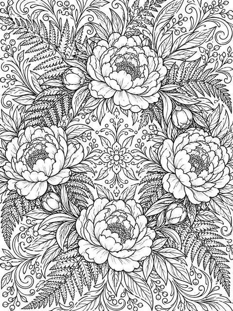Detailed Peony and fern wreath coloring page