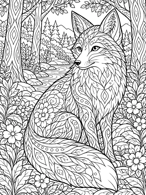 Detailed Fox in a patterned forest coloring page