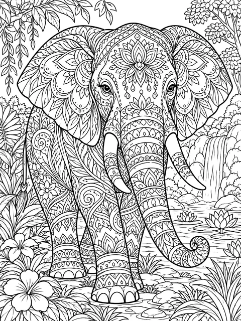Detailed Elephant filled with patterns coloring page