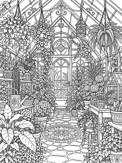 Detailed Greenhouse full of plants coloring page