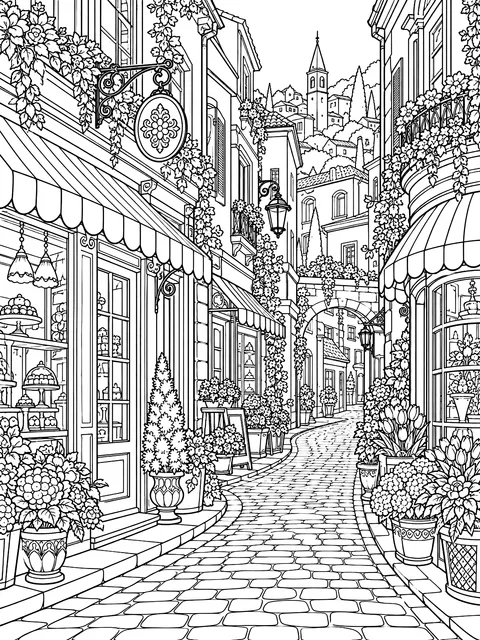 Detailed Street of narrow shopfronts coloring page