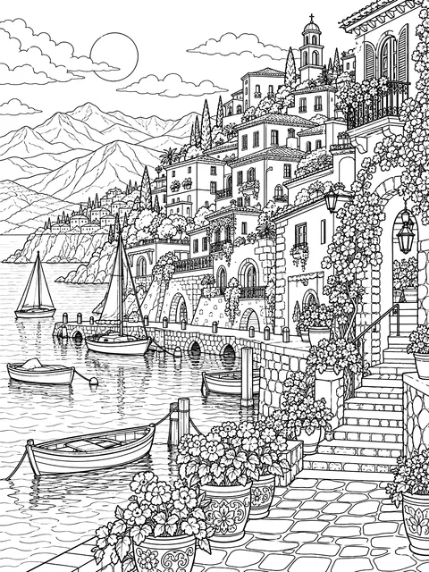 Detailed Harbor town with stacked houses coloring page