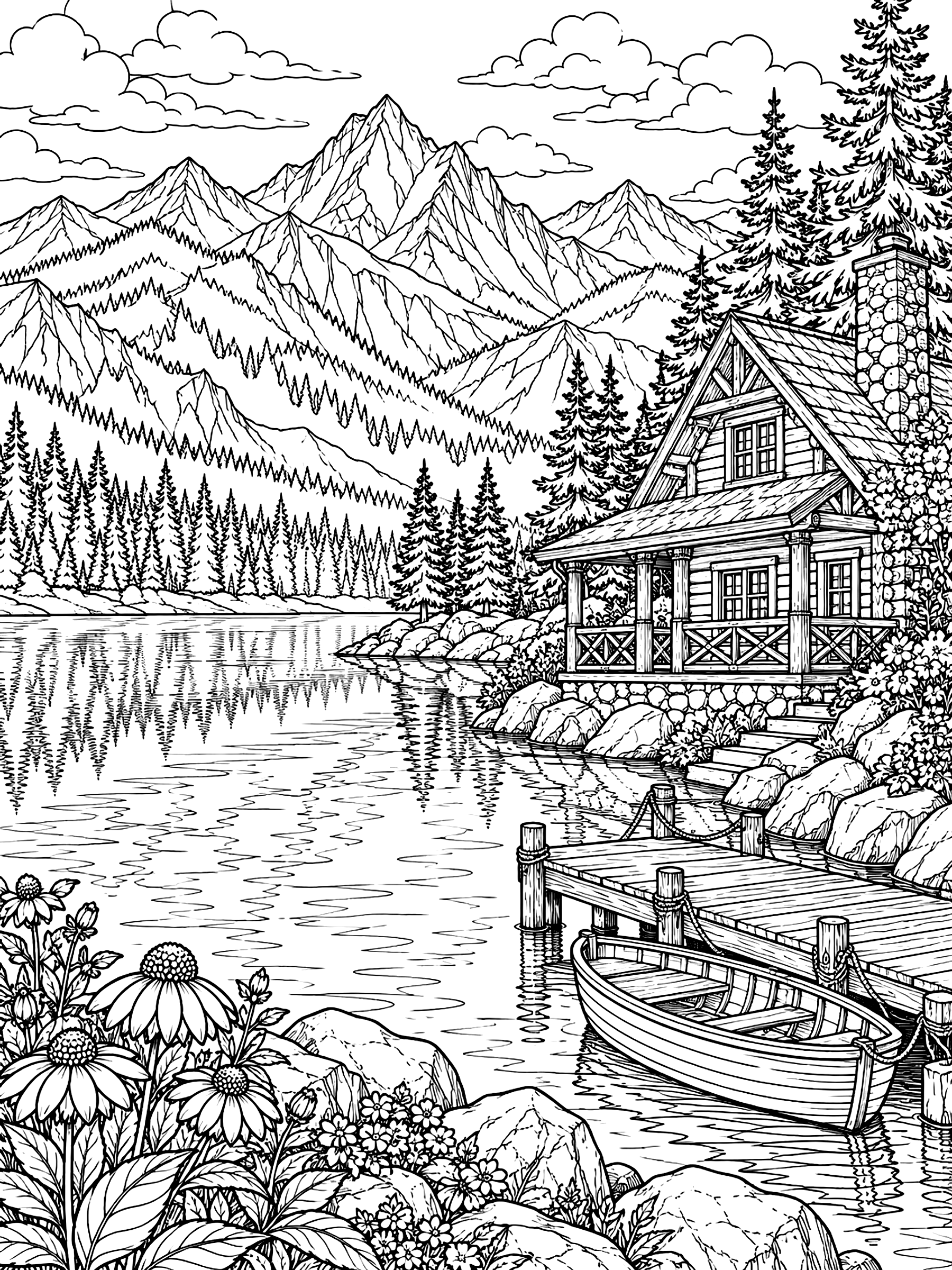 Detailed Cabin on a mountain lake coloring page