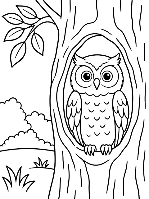 Owl in a hollow tree coloring page