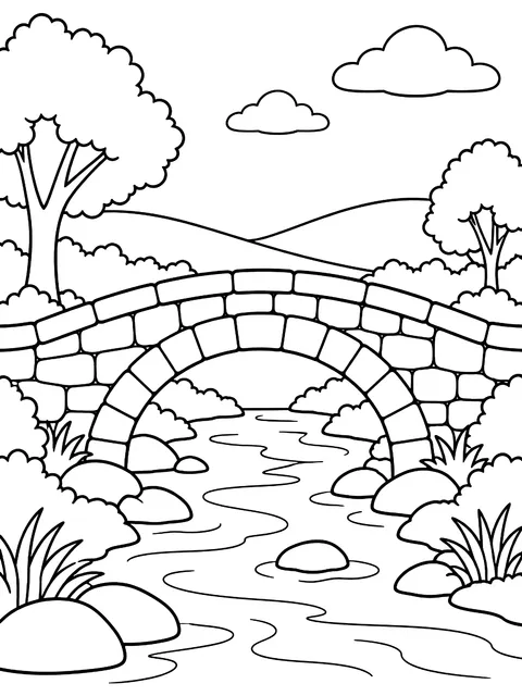 Stone bridge over a stream coloring page