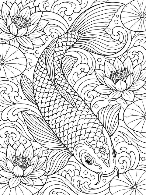 Detailed Koi with outlined scales coloring page