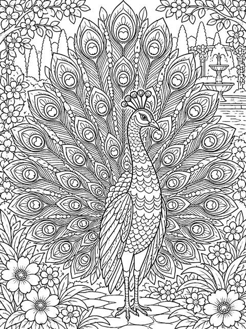 Detailed Peacock with a full tail coloring page