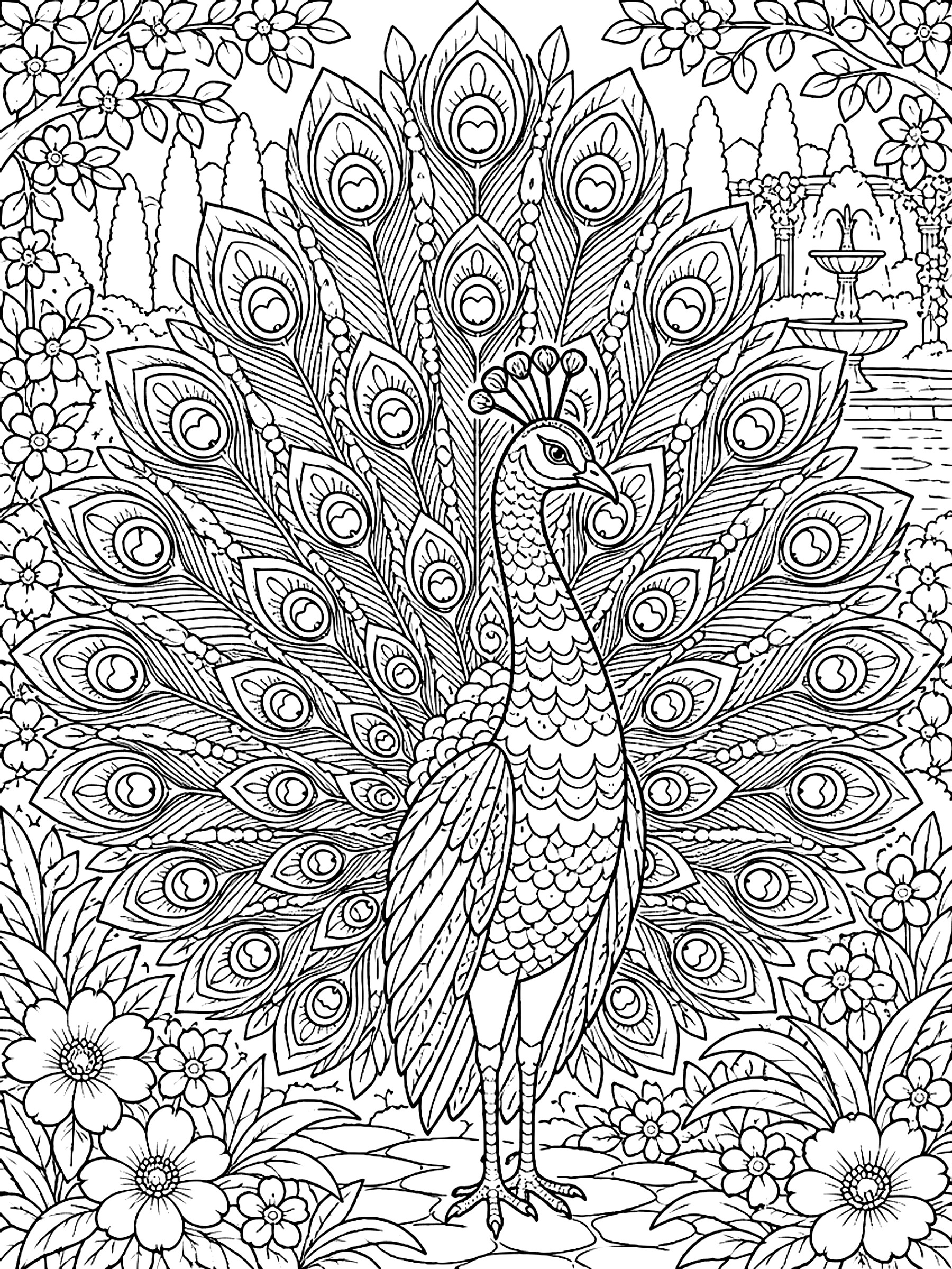 Detailed Peacock with a full tail coloring page