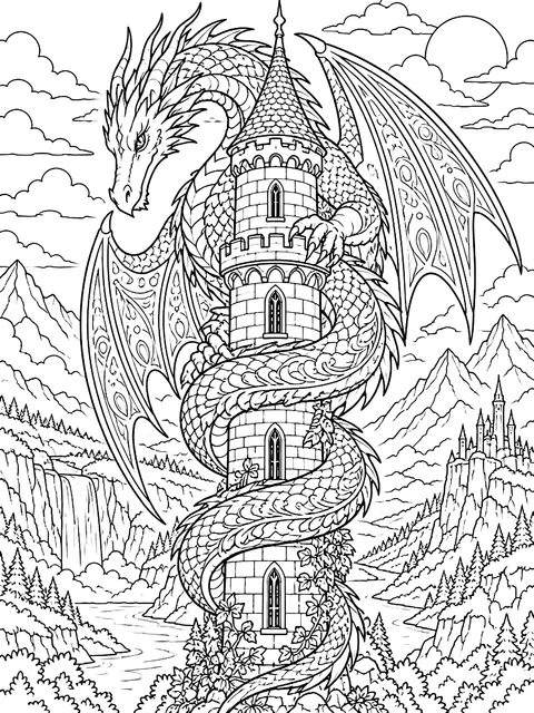 Detailed Dragon curled around a tower coloring page
