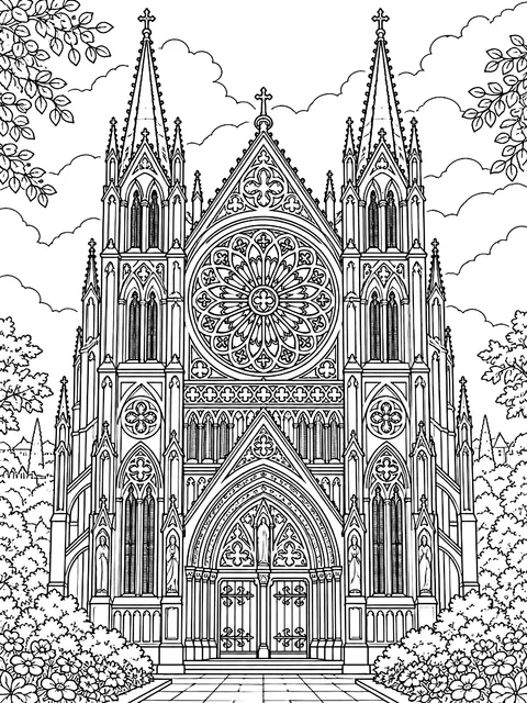 Detailed Cathedral front with a rose window coloring page