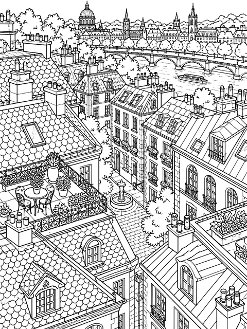 Detailed City rooftops from above coloring page