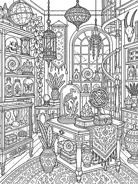 Detailed Curiosity shop interior coloring page