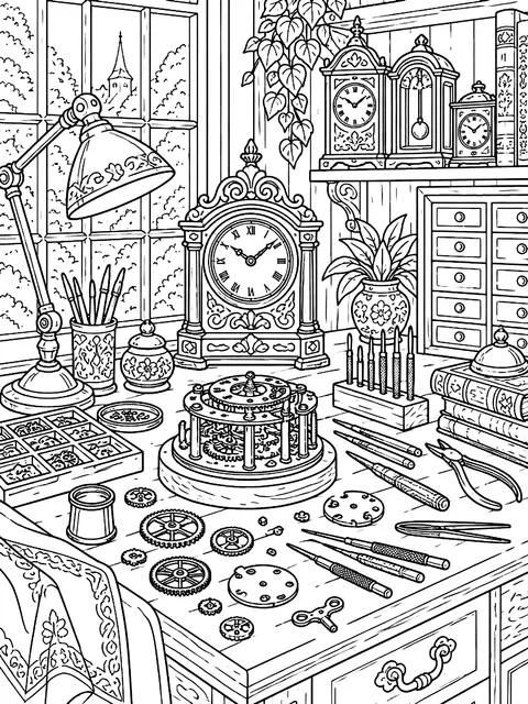 Detailed Clockmaker's workbench coloring page