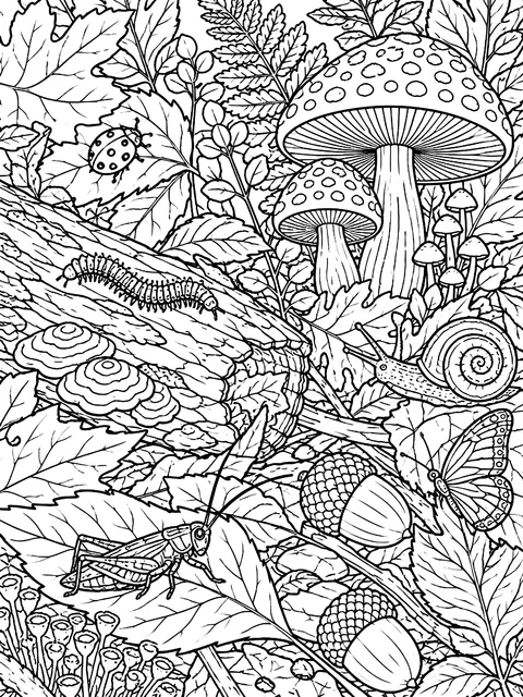 Detailed Forest floor with hidden insects coloring page