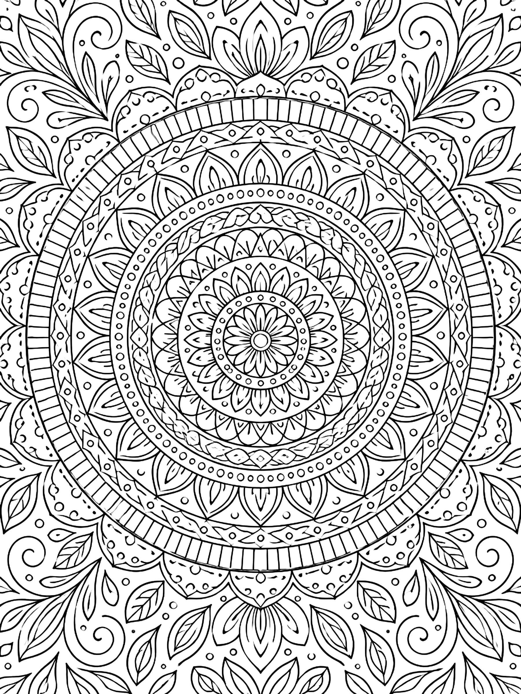 Detailed Ten-ring layered mandala coloring page