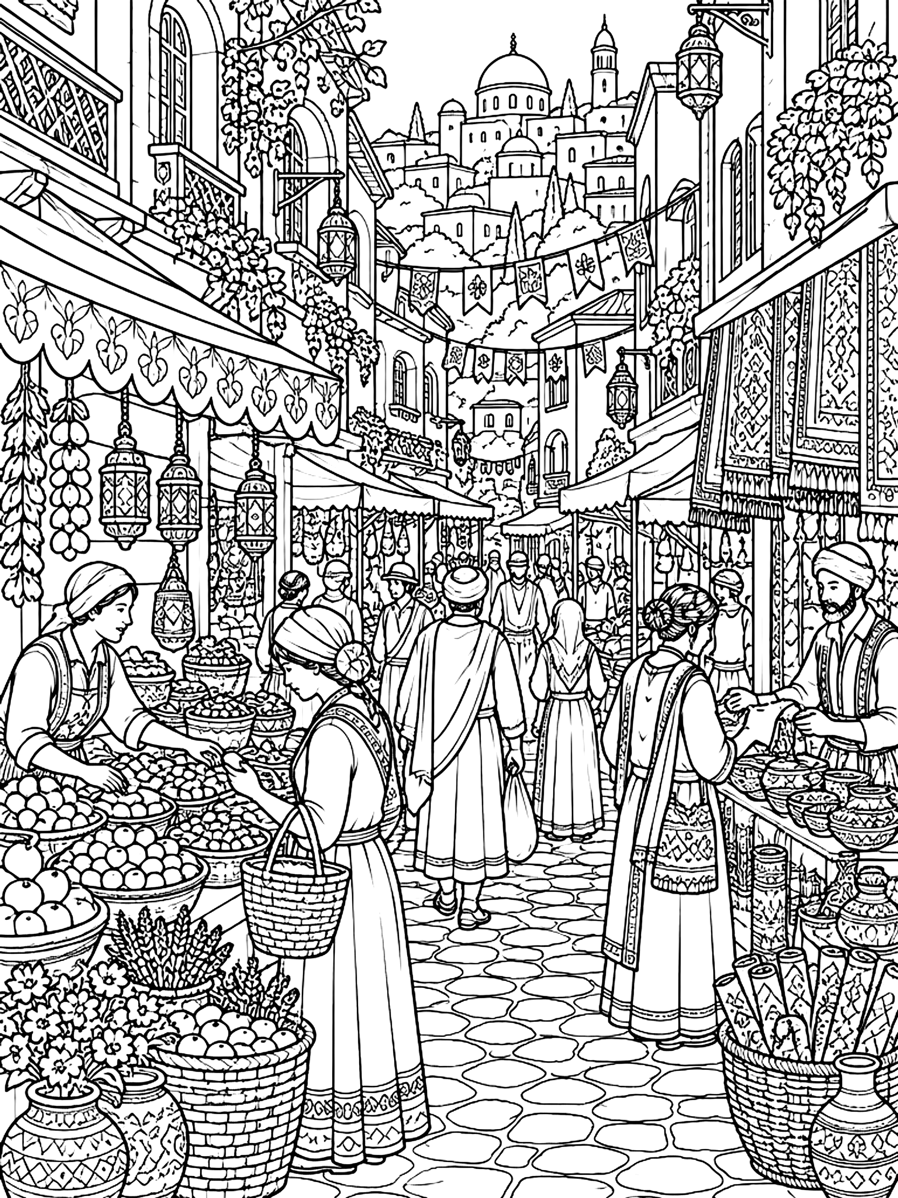 Detailed Crowded market street coloring page