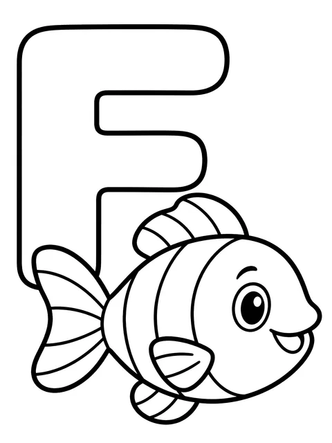 Easy Letter F with a fish coloring page