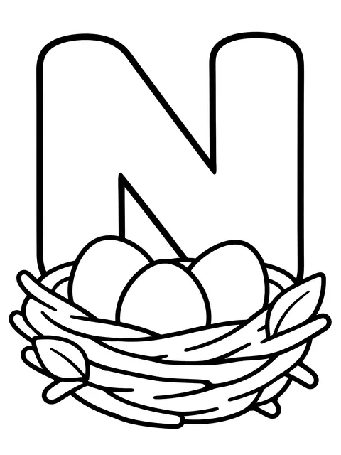 Easy Letter N with a nest coloring page