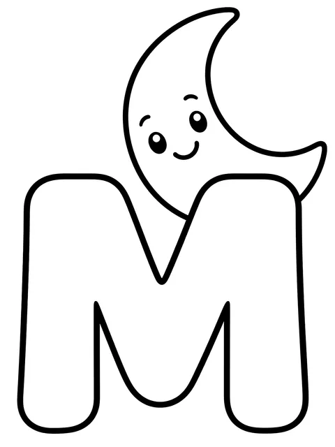 Easy Letter M with a moon coloring page