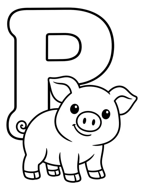 Easy Letter P with a pig coloring page