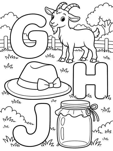 Letters G, H and J with a goat, a hat and a jar coloring page