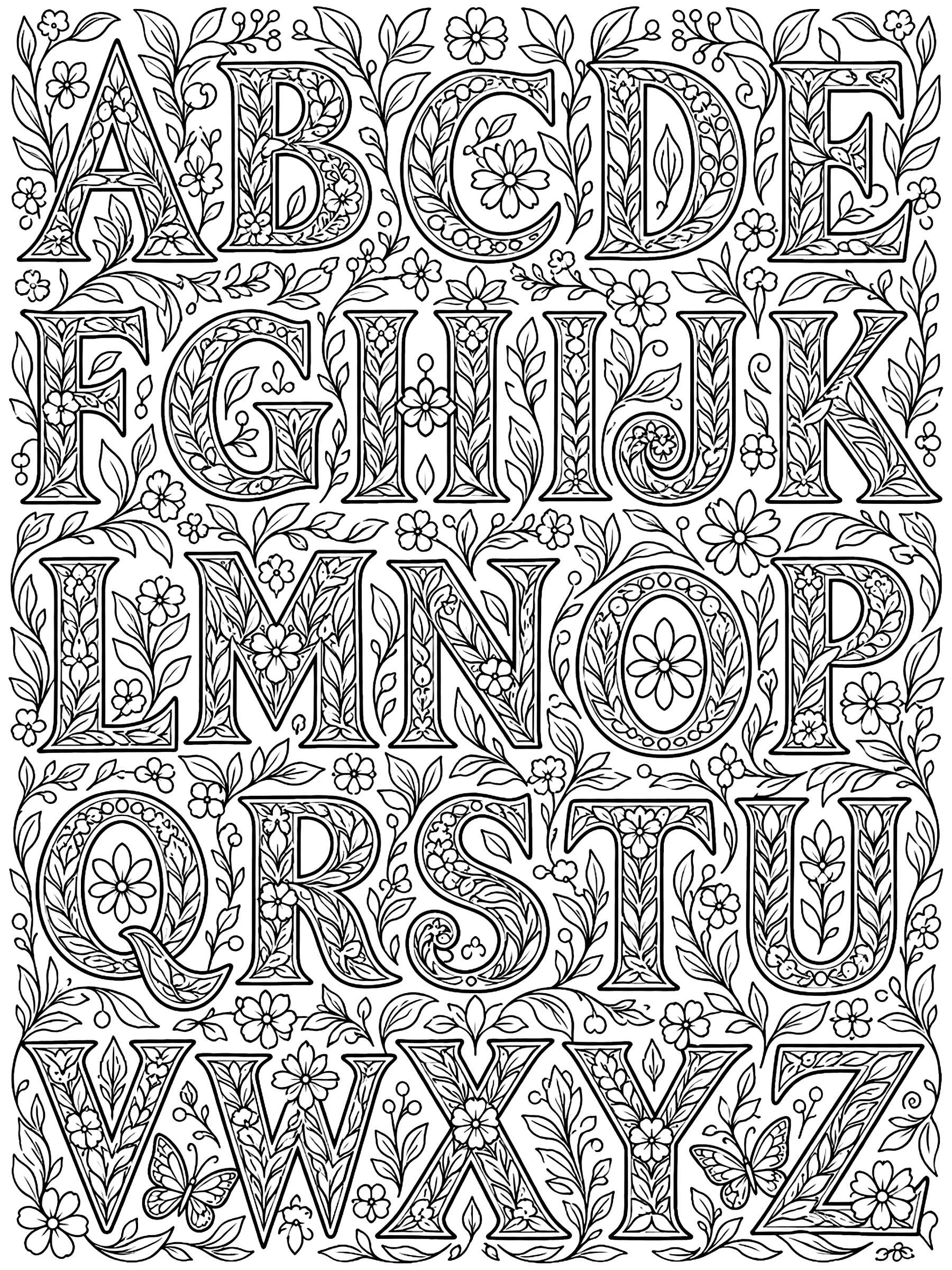 Detailed Full alphabet chart A to Z coloring page