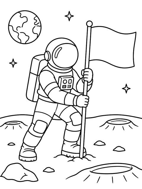 Astronaut planting the flag on the moon coloring page