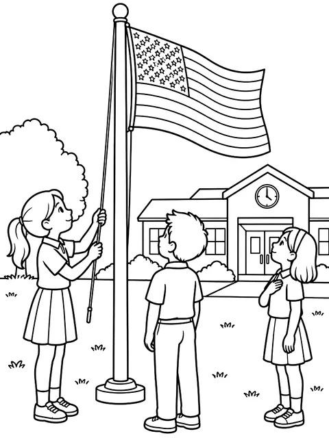 Flag-raising at a school coloring page