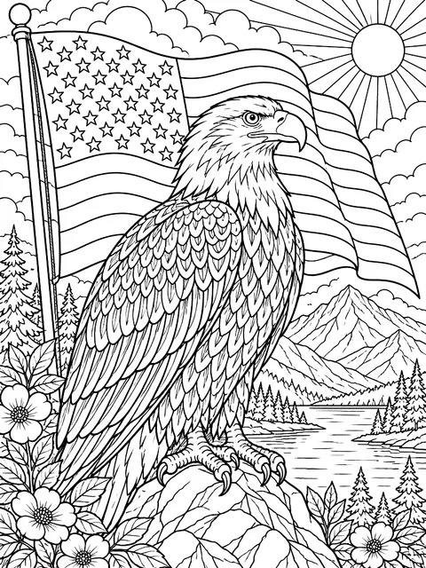 Detailed Flag with a bald eagle coloring page
