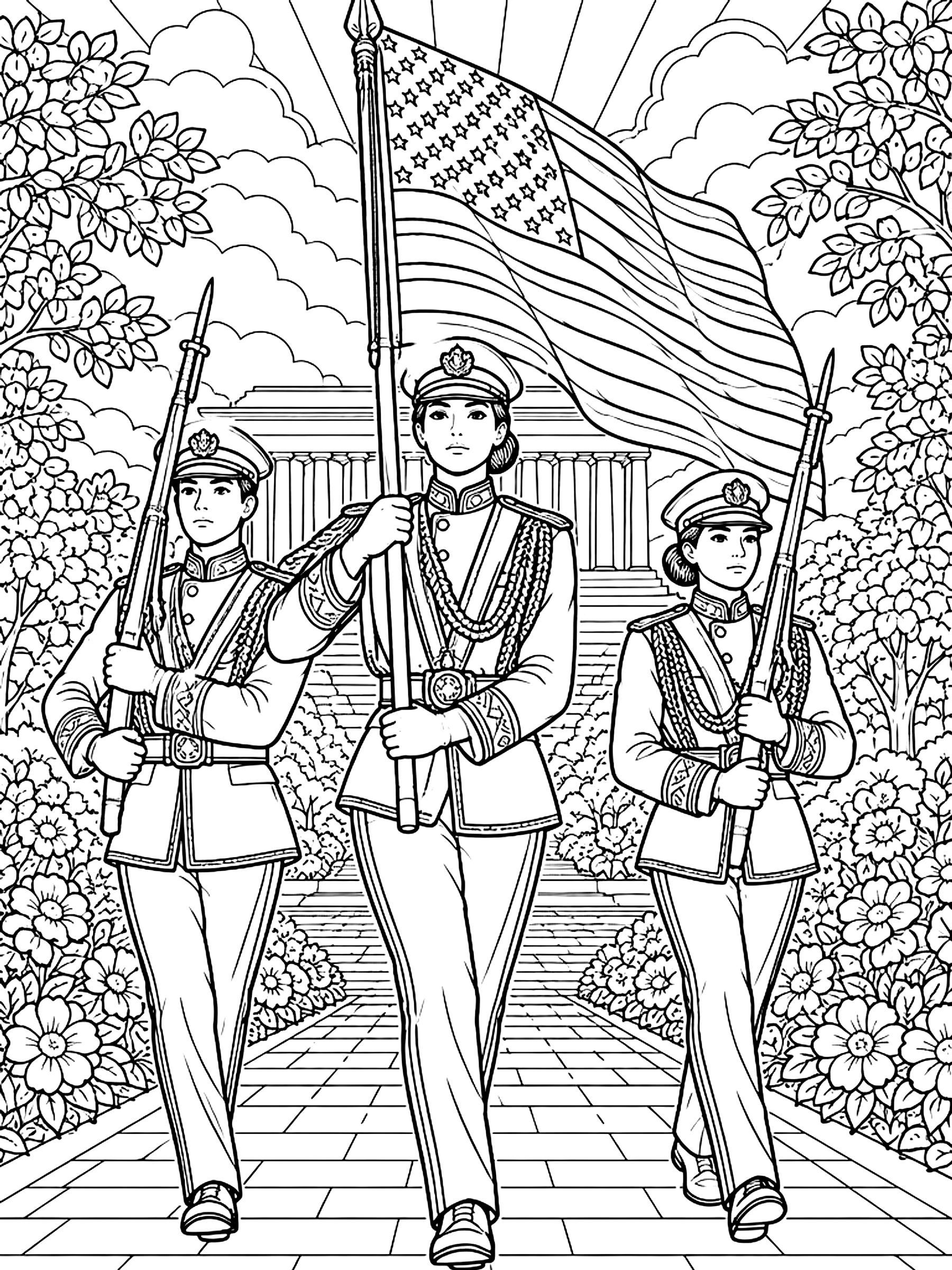 Detailed Color guard carrying the flag coloring page