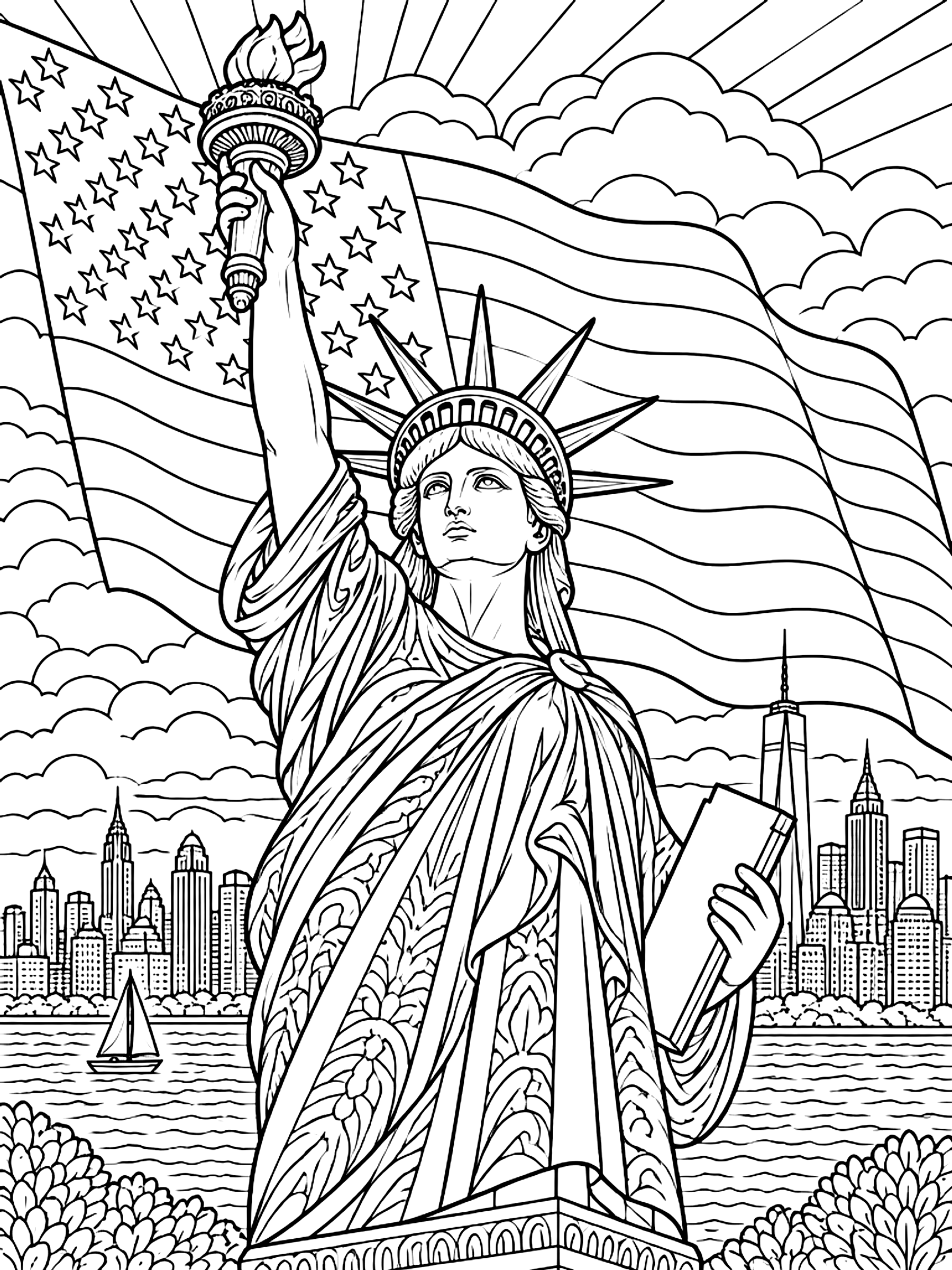 Detailed Flag behind the Statue of Liberty coloring page