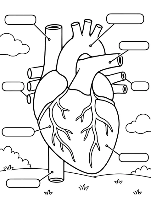 Labeled heart with vessels coloring page