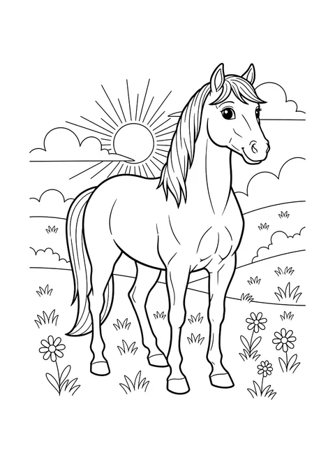 Horse in a meadow coloring page