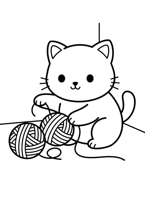 Easy Kitten playing with yarn coloring page