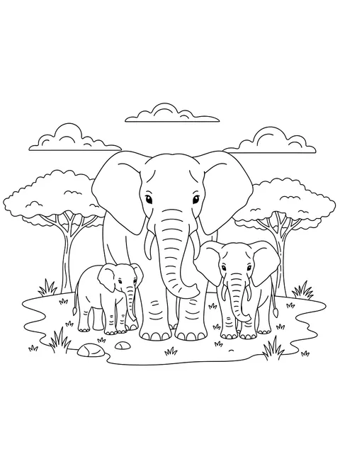 Elephant family coloring page