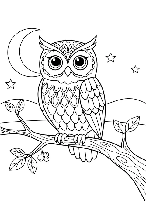 Owl on a branch coloring page