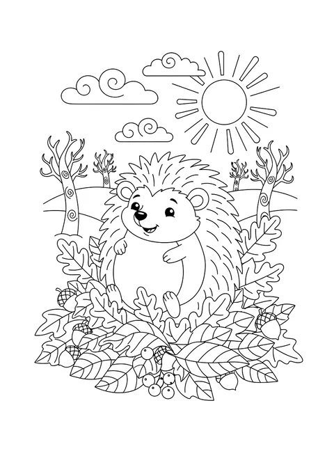 Hedgehog in autumn leaves coloring page